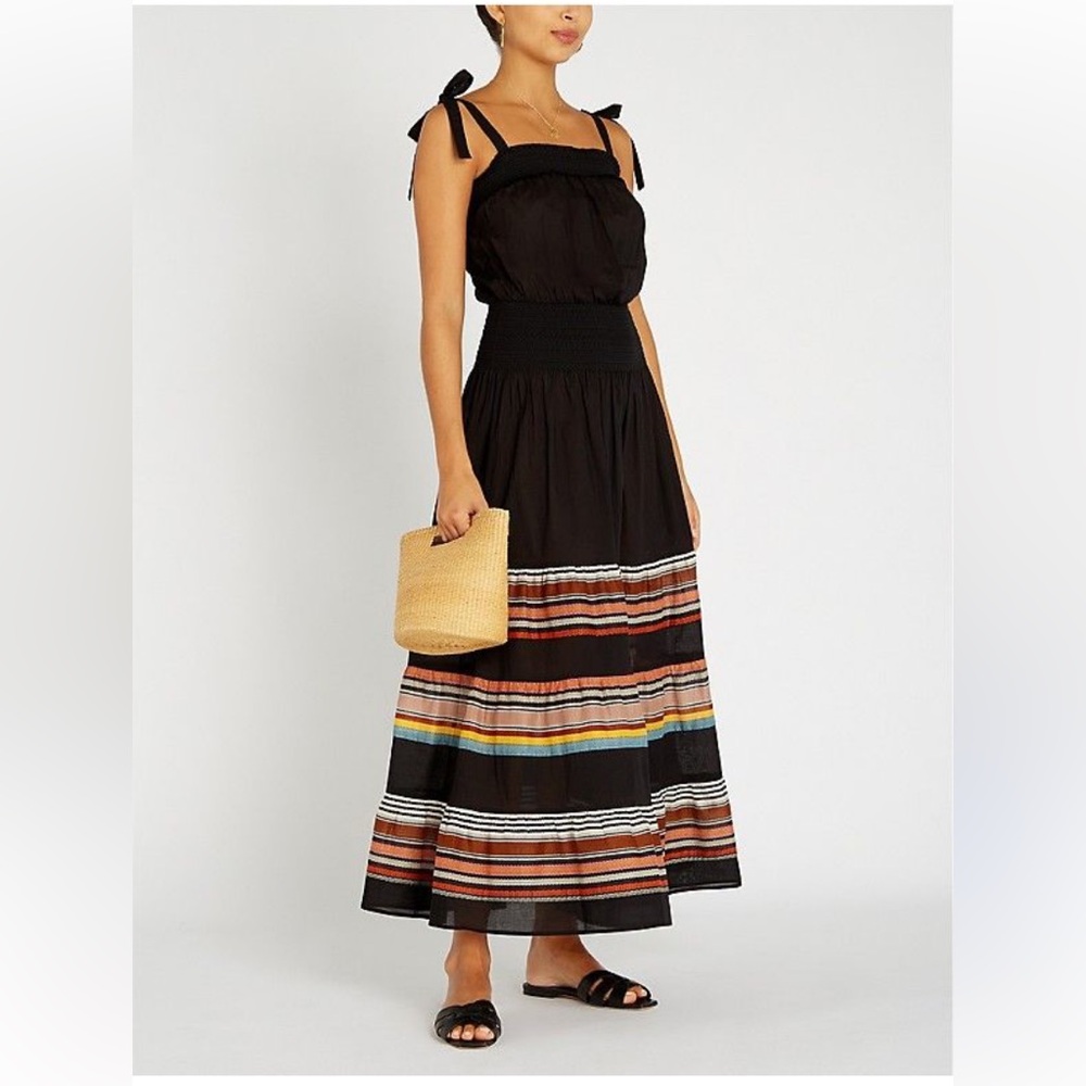 New Tory Burch Black Webbing Stripe Smocked Tie Strap Tiered Maxi Resort Dress S